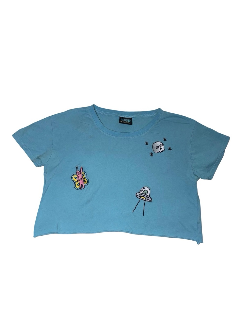 A.LAB Raw Hem Graphic Crop Top Short Sleeve Tee UFO Skull Butterfly Streetwear